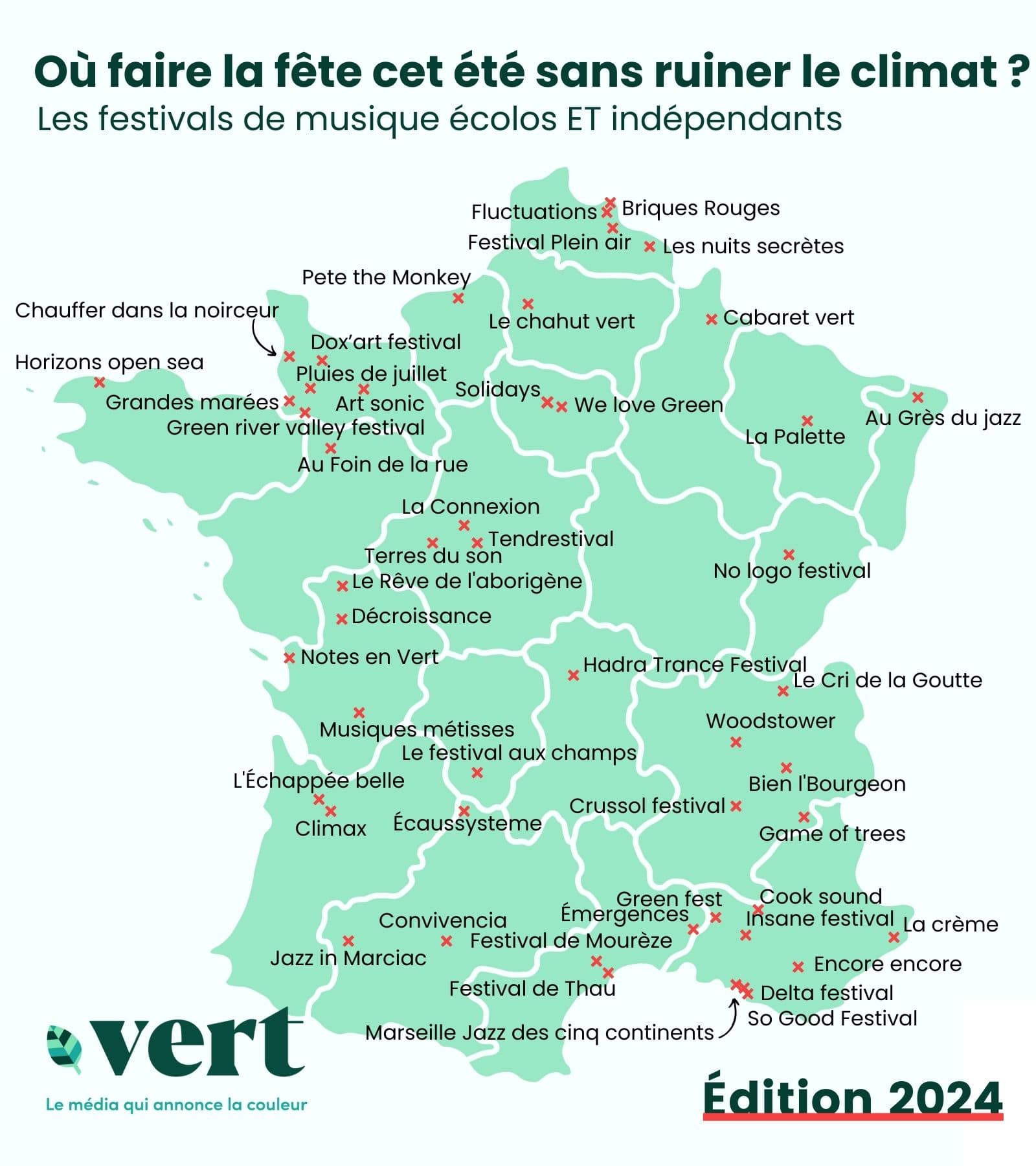 La carte de Vert des festivals de musique écolos et indépendants en 2024