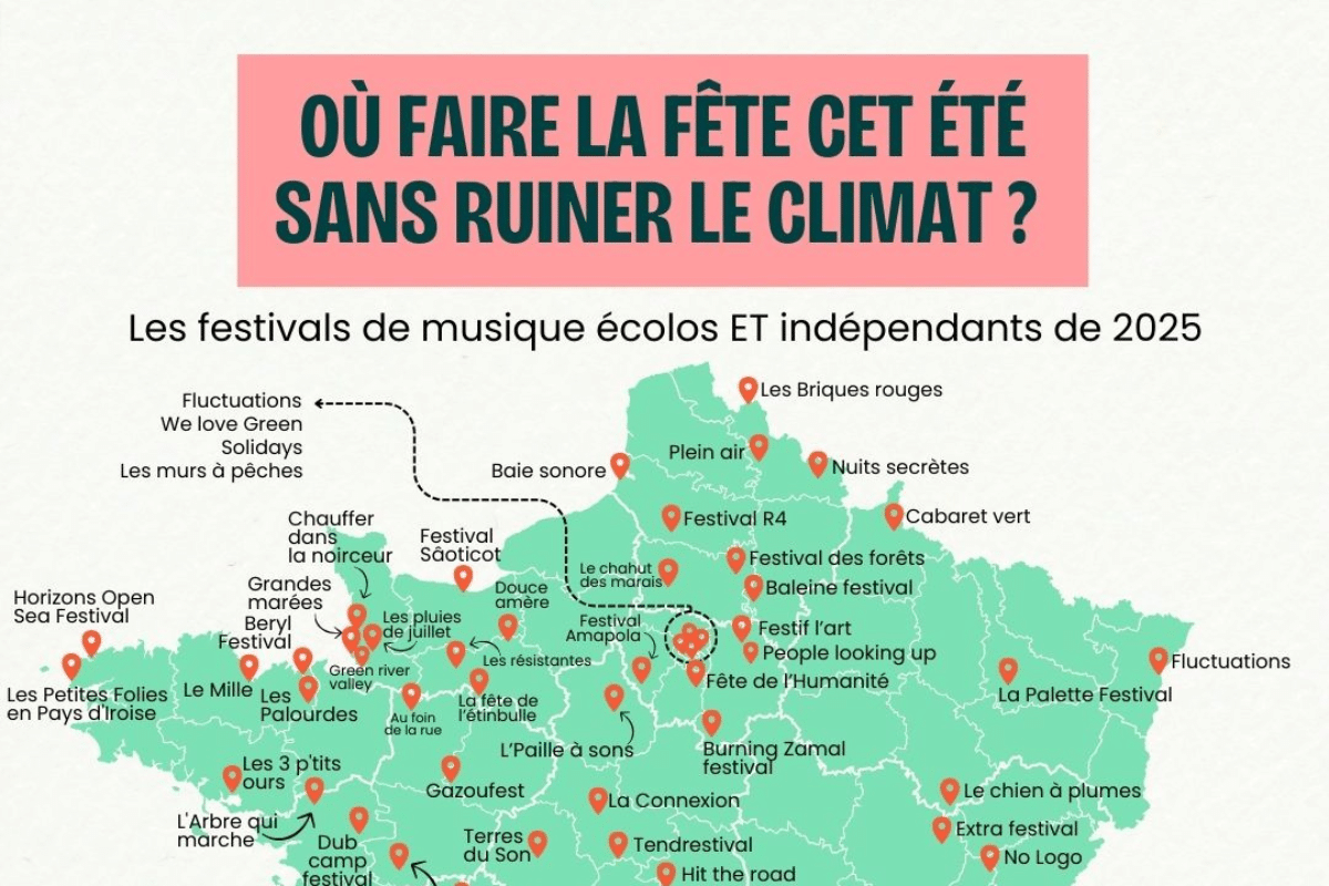 La carte de Vert des festivals de musique écolos et indépendants en 2025